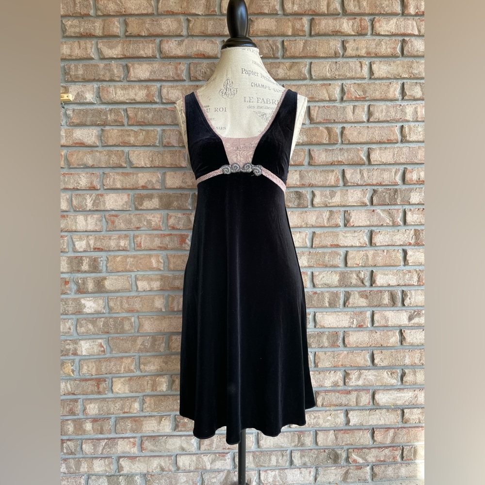 Free People Black Velvet Empire Waist Dress with Pink Trim Beaded Detail.
